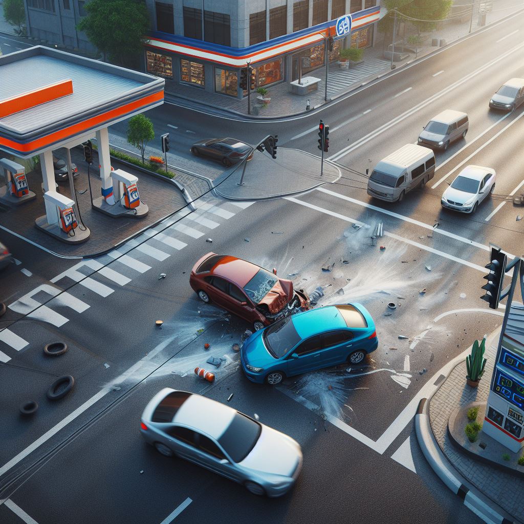 Overhead isometric view of a car accident in front of a gas station